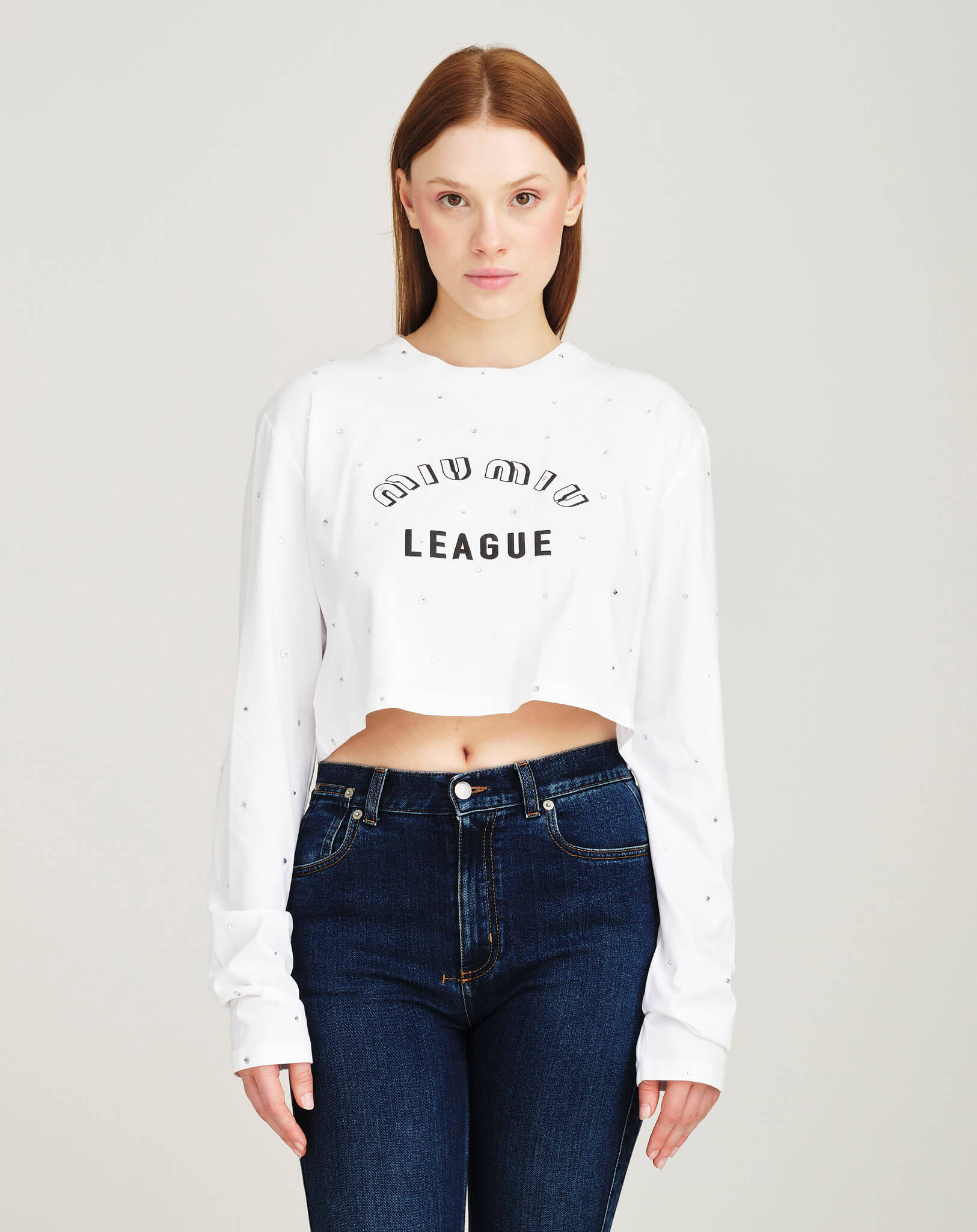 Miu Miu - Logo Crystal Embellished Cropped Long Sleeve Top M